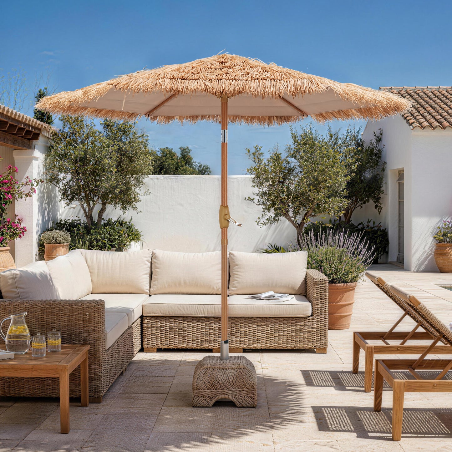 Autlaycil 7.5FT Grass Tiki Patio Umbrella Outdoor Table Umbrella with Push Button Tilt and Crank