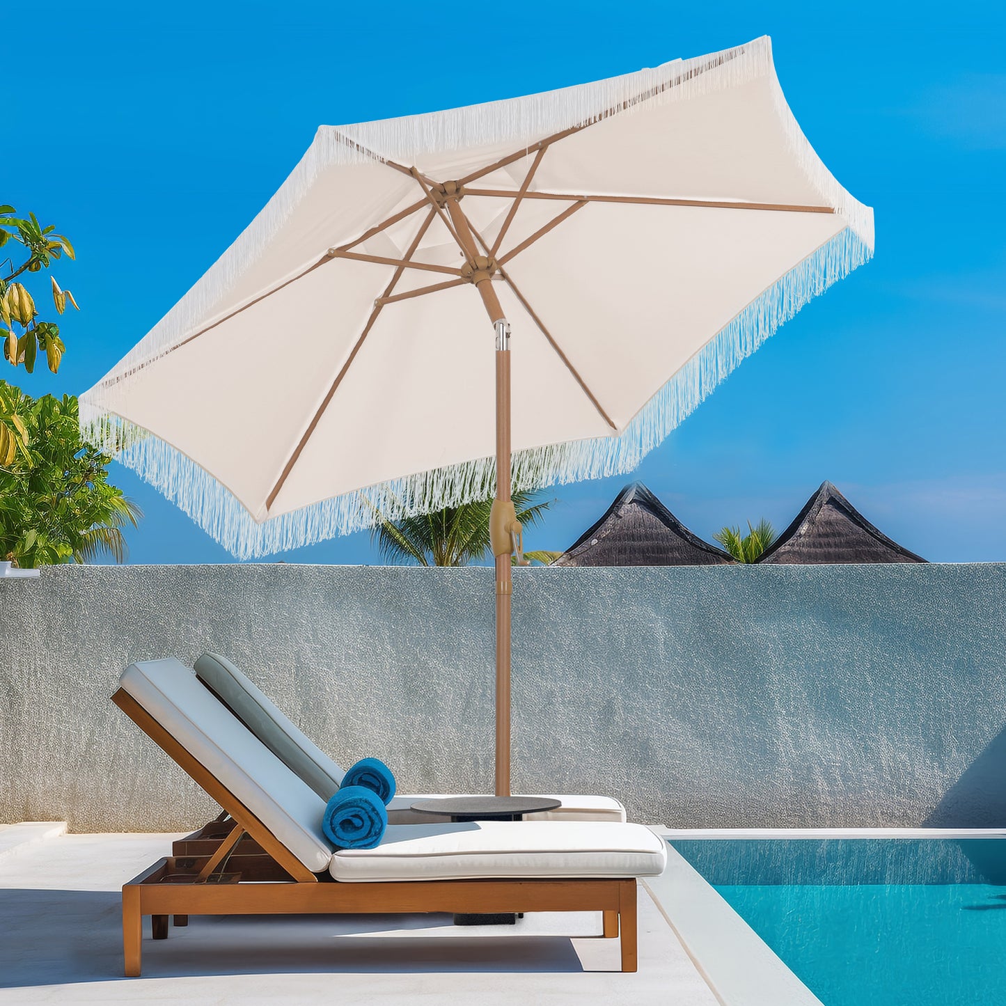 Autlaycil 7.5 ft Fringe Patio Umbrella for Beach, Pool, Adjustable Outdoor Market Umbrellas,Tassel Stylish (Beige)