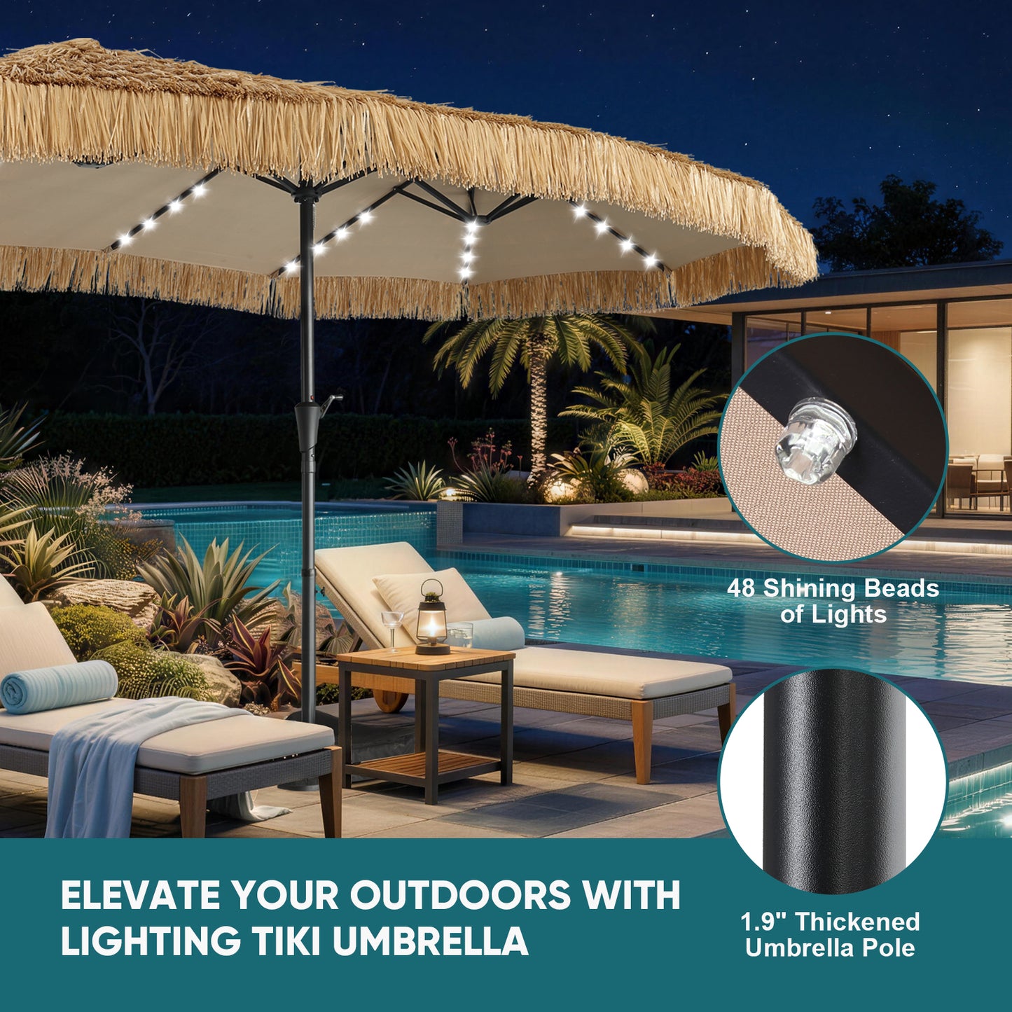 Autlaycil 15 ft Rectangle Patio Tiki Umbrella with Umbrella Base 48 LED lights for Market Solar Umbrella