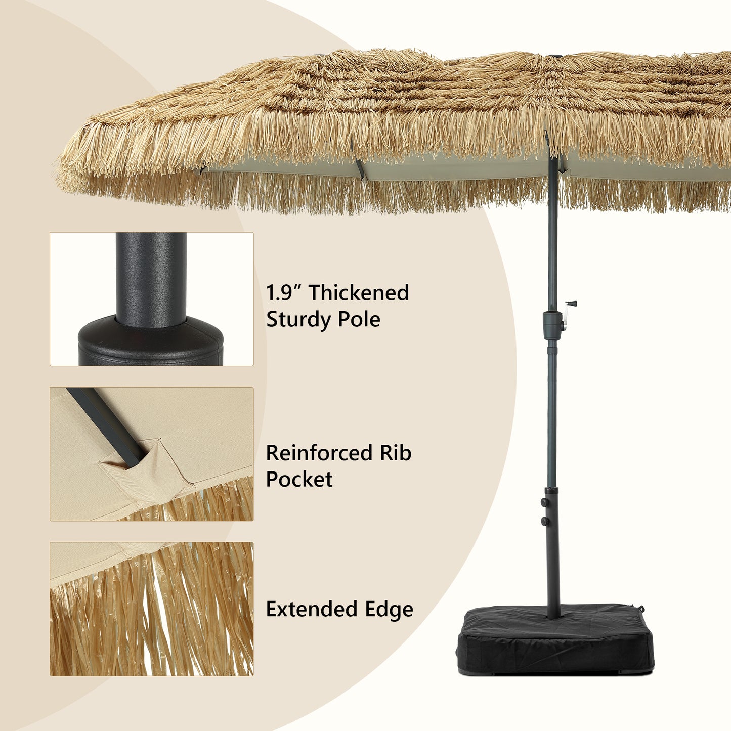 Autlaycil 15 ft Tiki Umbrella with Sandbags Base, Thatched, Hawaiian, Pool, Patio, Beach