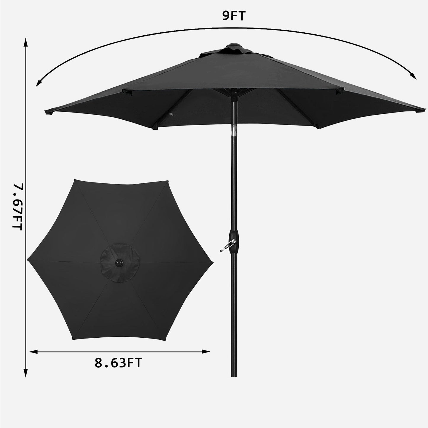 Autlaycil 9ft Patio Umbrella with Tilt and Crank, Adjustable Outdoor Market Umbrellas, 6 Sturdy Ribs UV Protection Water Resistance for Garden, Deck, Backyard, Pool (Black)