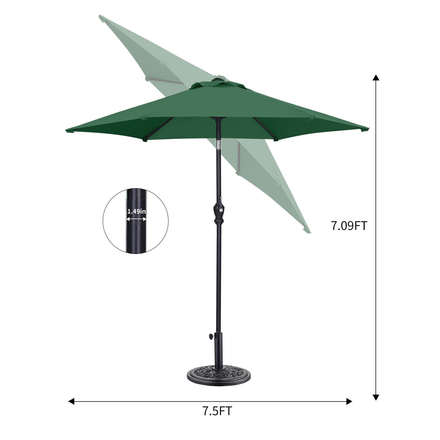 Autlaycil 7.5 ft Green Patio Umbrella and Decorated Base, with Push Button Tilt and Crank for Beach, Pool, Outdoor