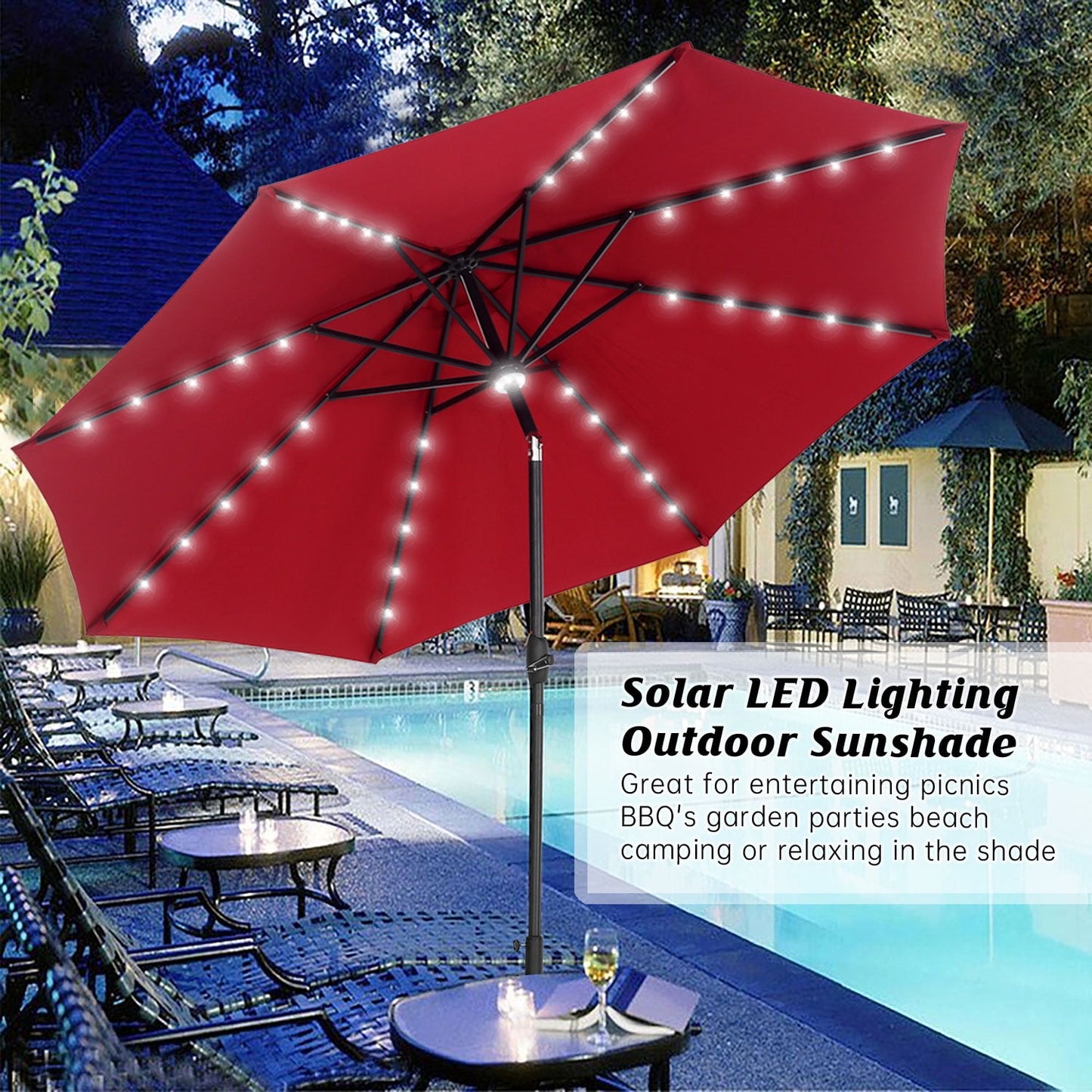 Autlaycil 10 FT Patio Umbrella with Steel Tilt and Crank, 40 Solar LED Lights and 1 Central Light, Red