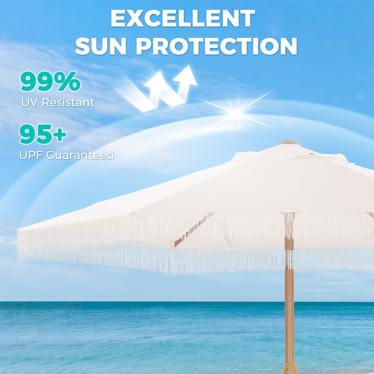 Autlaycil 7.5 ft Fringe Patio Umbrella for Beach, Pool, Adjustable Outdoor Market Umbrellas,Tassel Stylish - Beige