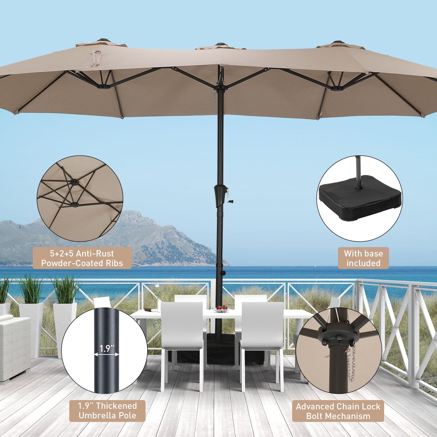 Autlaycil 15 ft Rectangle Patio Umbrella with Umbrella Base, Crank, Outdoor Market Umbrella (Khaki)