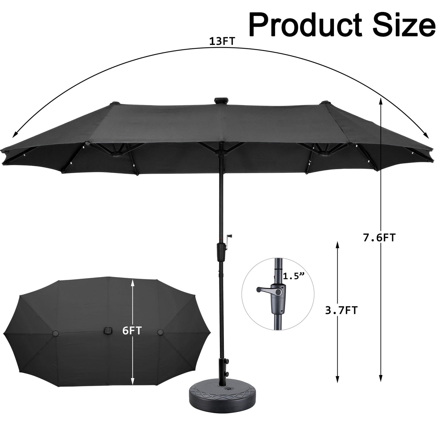 Autlaycil 13 ft Rectangle Patio Umbrella with Umbrella Base 36 LED lights for Market Patio Solar Umbrella (Black)