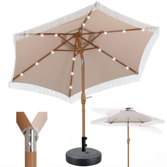Autlaycil 7.5 ft Patio Tassel Umbrella with Base, 18 LED Lights Solar Umbrella (Khaki)