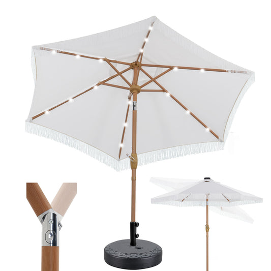 Autlaycil 7.5 ft Patio Tassel Umbrella with Base, 18 LED Lights Solar Umbrella (White)