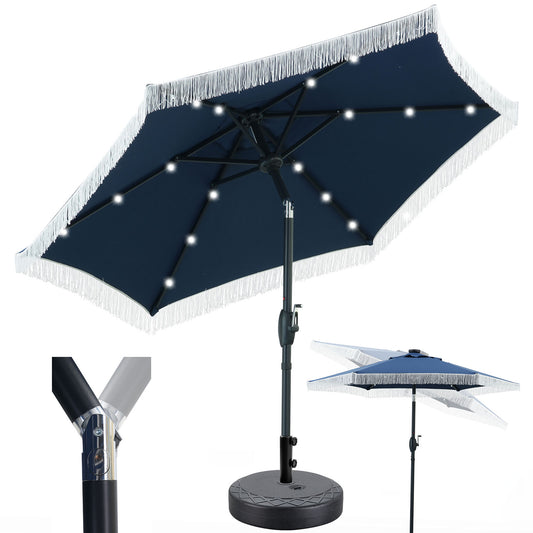 Autlaycil 7.5 ft Patio Tassel Umbrella with Base, 18 LED Lights Solar Umbrella (Navy Blue)