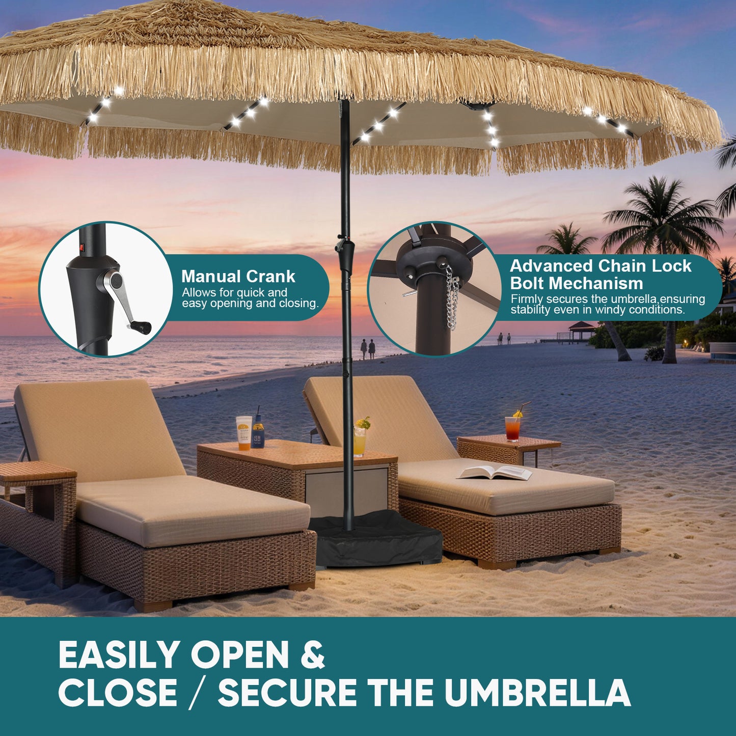 Autlaycil 15 ft Rectangle Patio Tiki Umbrella with Umbrella Base 48 LED lights for Market Solar Umbrella