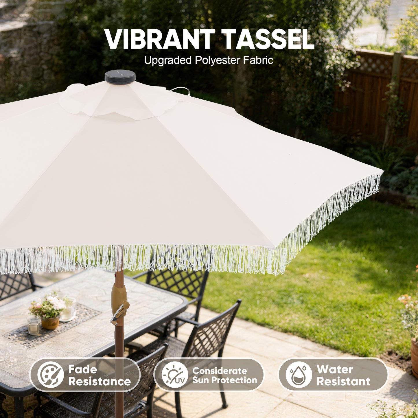 Autlaycil 7.5 ft Patio Umbrella with Tassel Fringe Stylish and 18 LED Lights Solar Umbrella - Beige