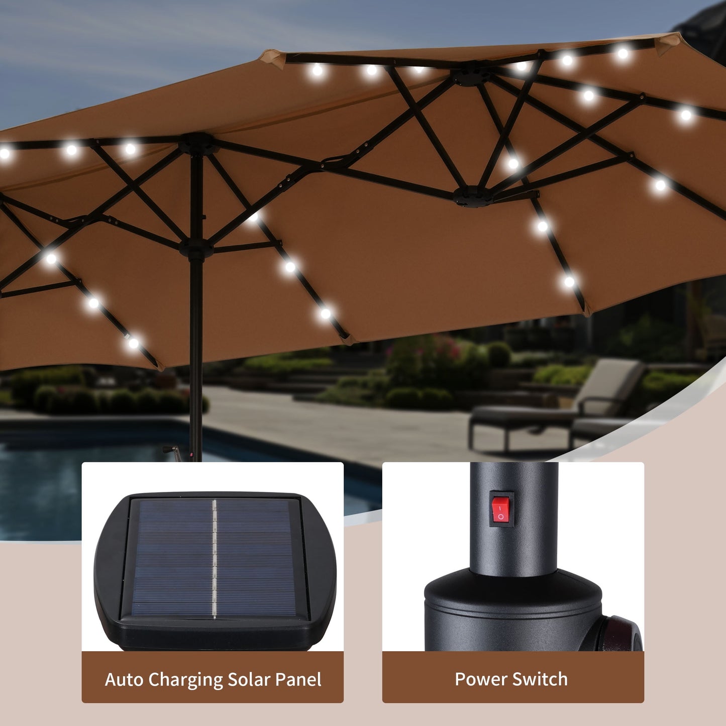 Autlaycil 13 Ft Solar LED Patio Umbrella, 36 Solar Powered LED Lights & Crank System for Garden, Deck, Poolside, Patio, Coffee
