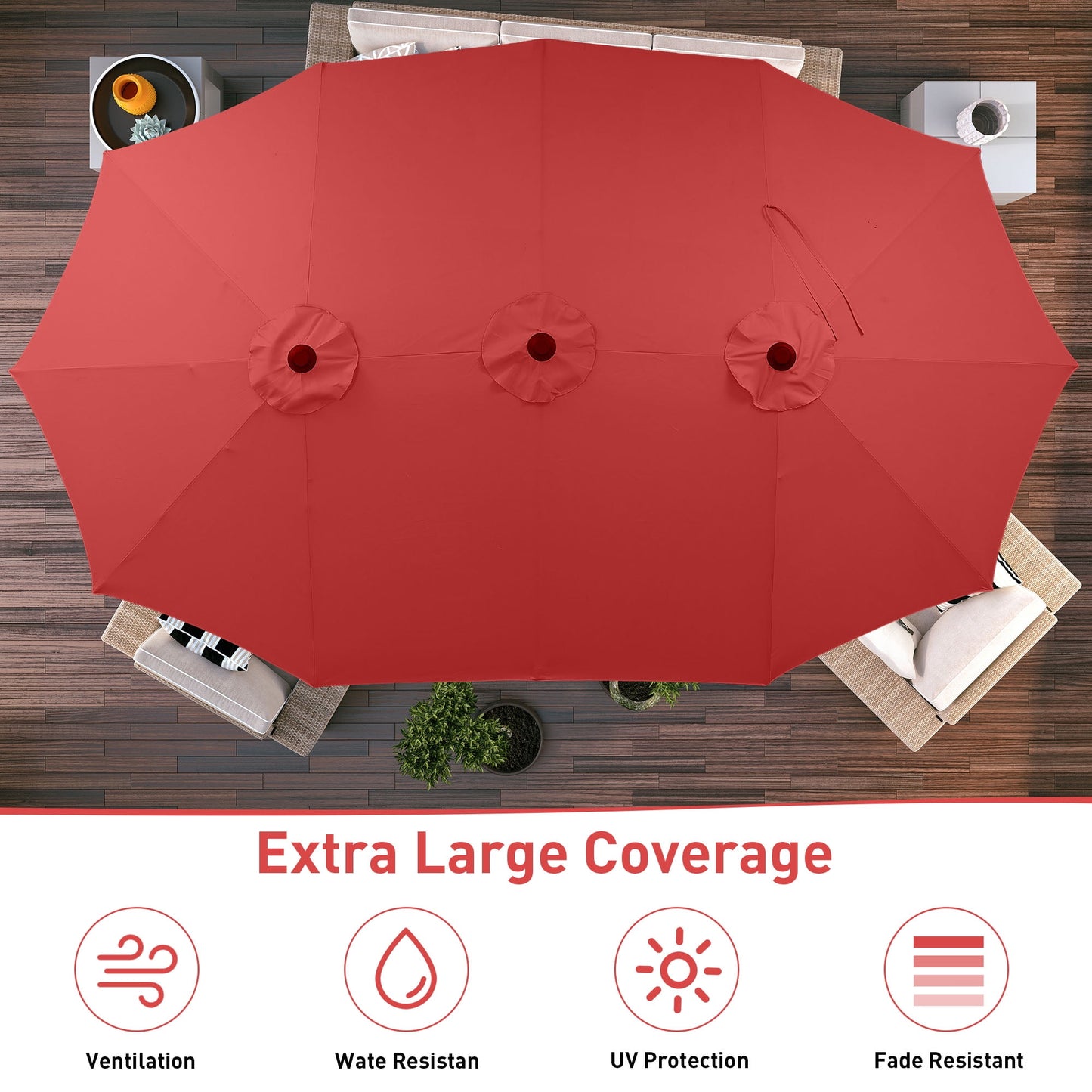 Autlaycil 15 ft Rectangle Patio Umbrella with Umbrella Base, Crank, Outdoor Market Umbrella (Red)