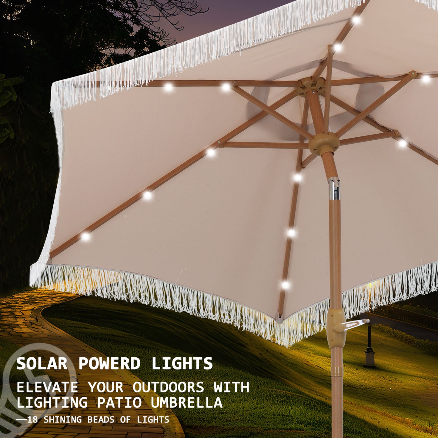 Autlaycil 7.5 ft Beige Tassel Patio Umbrella with Base, 18 LED Lights Solar, and Push Button Tilt and Crank