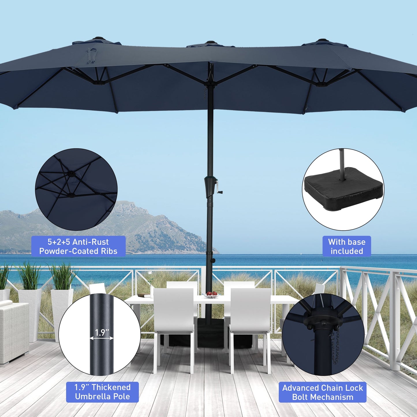 Autlaycil 15 ft Rectangle Patio Umbrella with Umbrella Base, Crank, Outdoor Market Umbrella (Navy Blue)
