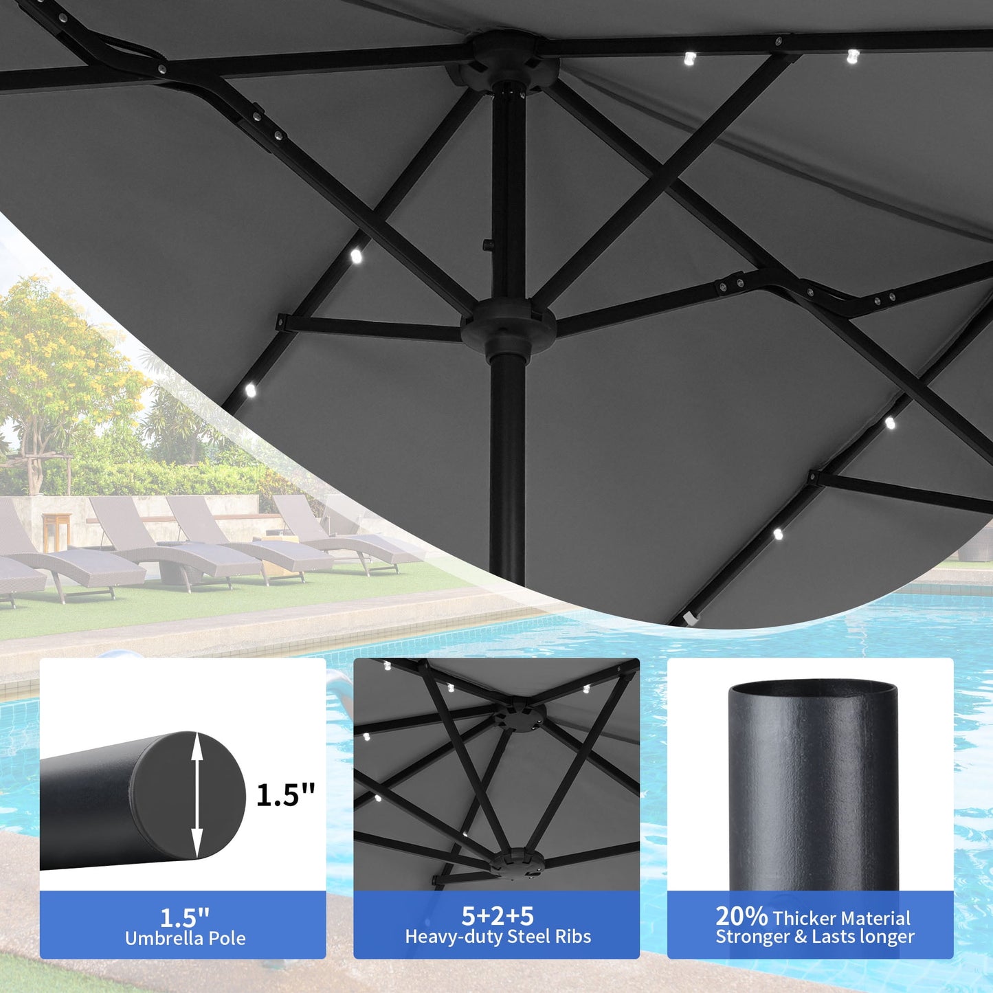 Autlaycil 13 Ft Solar LED Patio Umbrella, 36 Solar Powered LED Lights & Crank System for Garden, Deck, Poolside, Patio, Grey