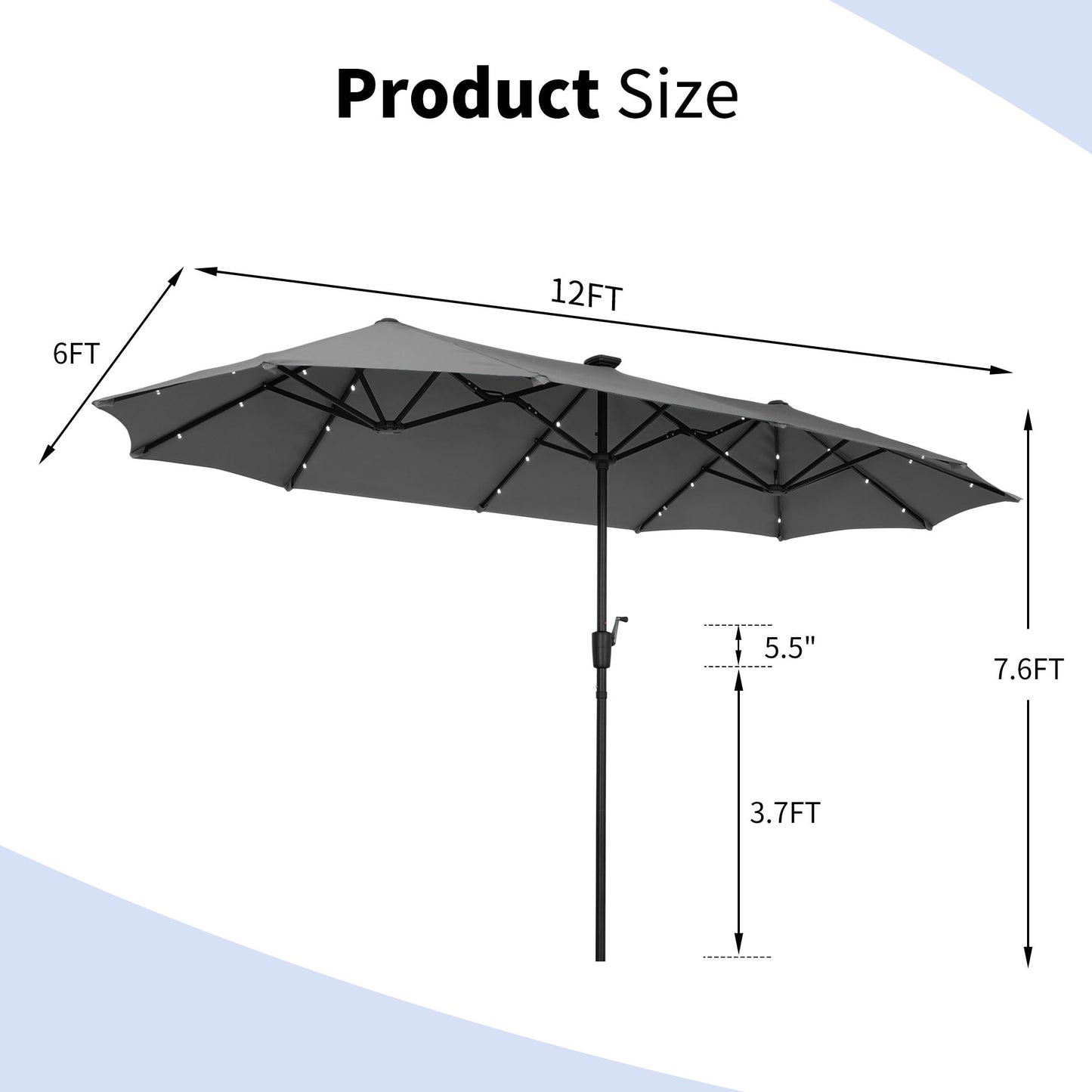 Autlaycil 13 Ft Solar LED Patio Umbrella, 36 Solar Powered LED Lights & Crank System for Garden, Deck, Poolside, Patio, Grey