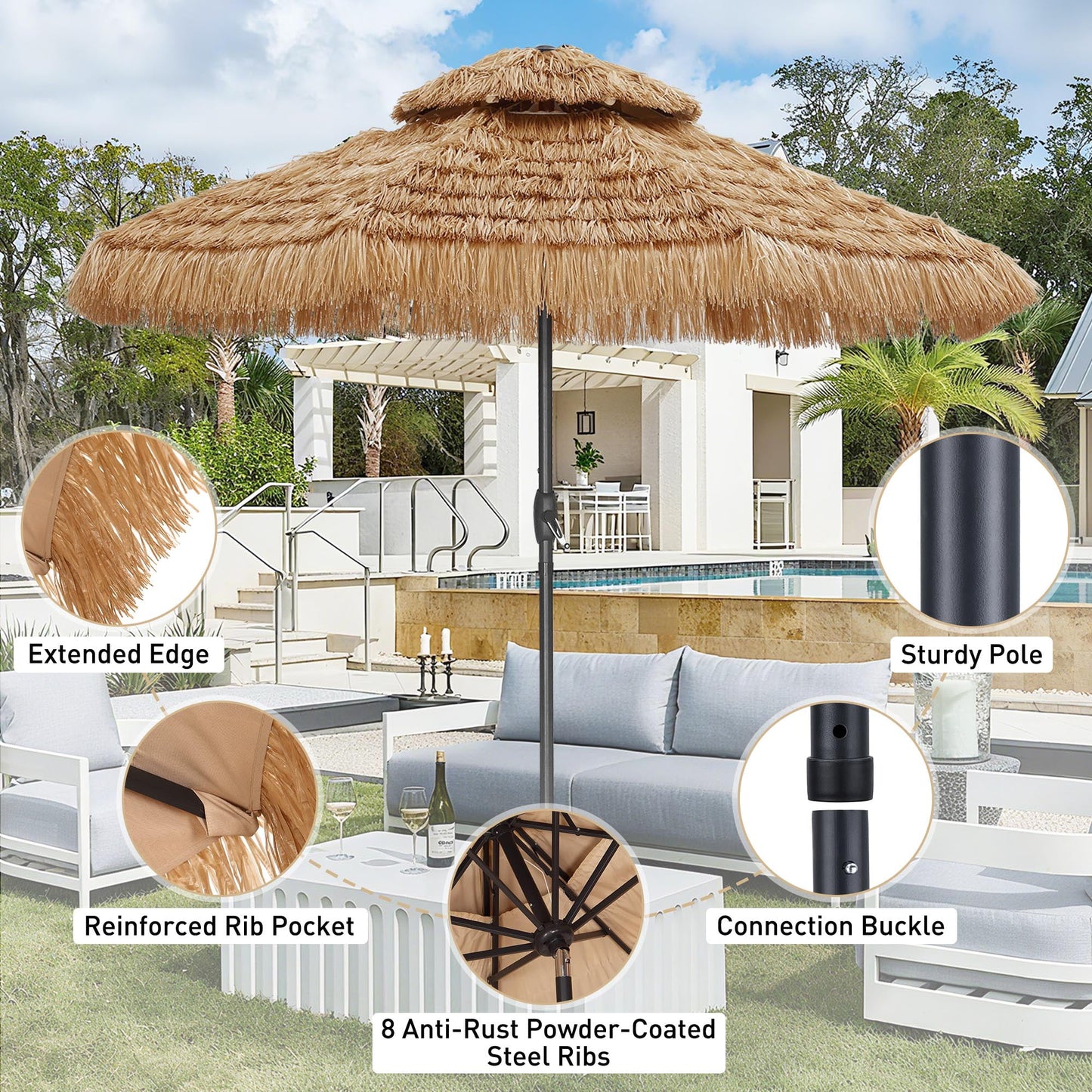 Autlaycil 9 ft Hula Tiki Outdoor Umbrella with Matching Base, 2-Tier Thatched Beach Umbrella, Pool, Patio, Yard, Garden