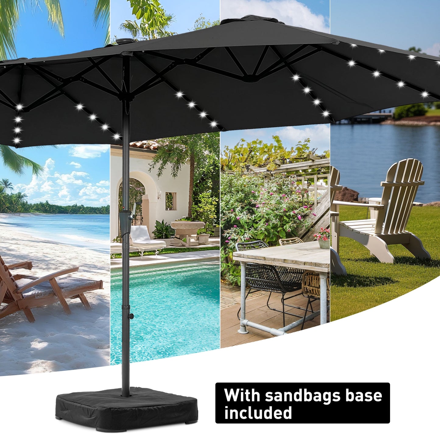 Autlaycil 15ft Large Rectangle Outdoor Patio Umbrella and 48 Solar Lights with Matching Base, Market, Beach, Garden, Yard, Party, Black