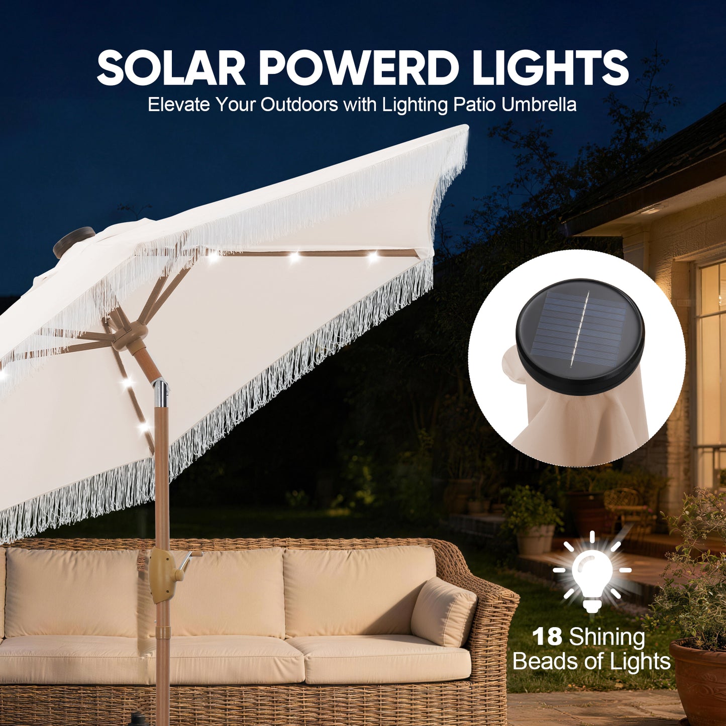 Autlaycil 7.5 ft Patio Umbrella with Tassel Fringe Stylish and 18 LED Lights Solar Umbrella - Beige