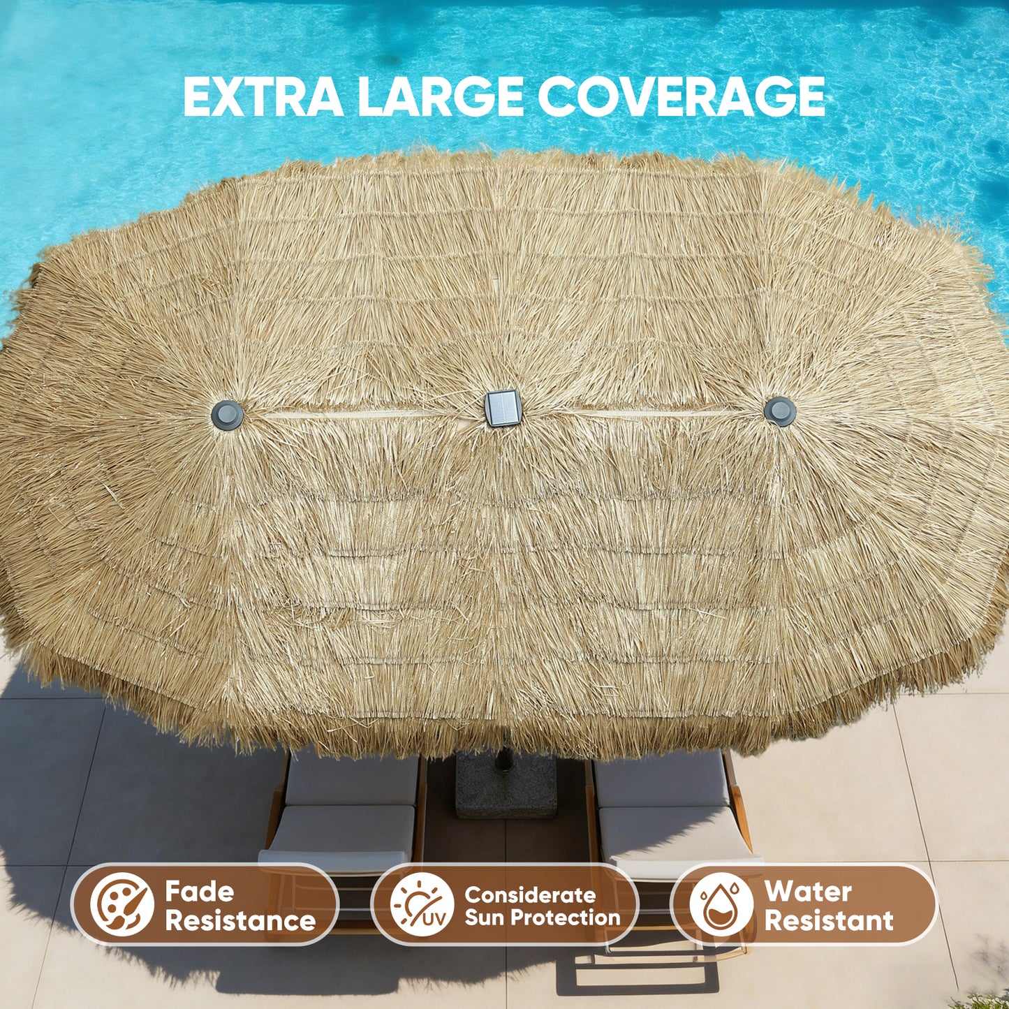 Autlaycil 13 ft Tiki Patio Umbrellas with Base and 36 Lights, Solar Patio Umbrella,Thatched, Grass, Pool, Outdooor, Beach