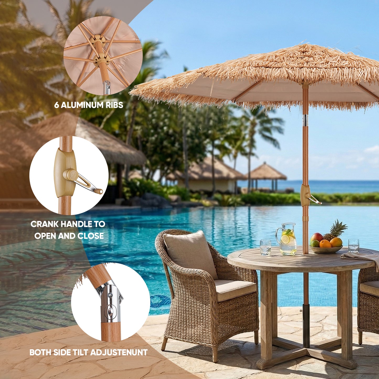 Autlaycil 7.5FT Grass Tiki Patio Umbrella with Push Button Tilt and Crank