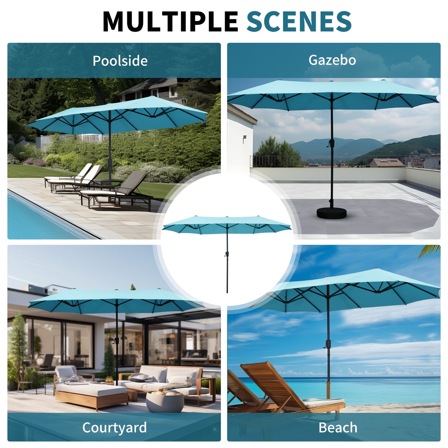 Autlaycil 13ft Patio Umbrella with Crank System and Sturdy Ribs, Sun Protection for Garden, Deck, Poolside, Outdoor - Blue