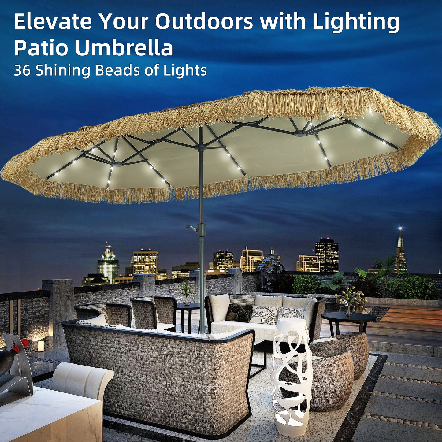 Autlaycil 13 ft Hula Tiki Patio Umbrella and 36 Lights, Hawaiian Style, Pool, Patio, Beach