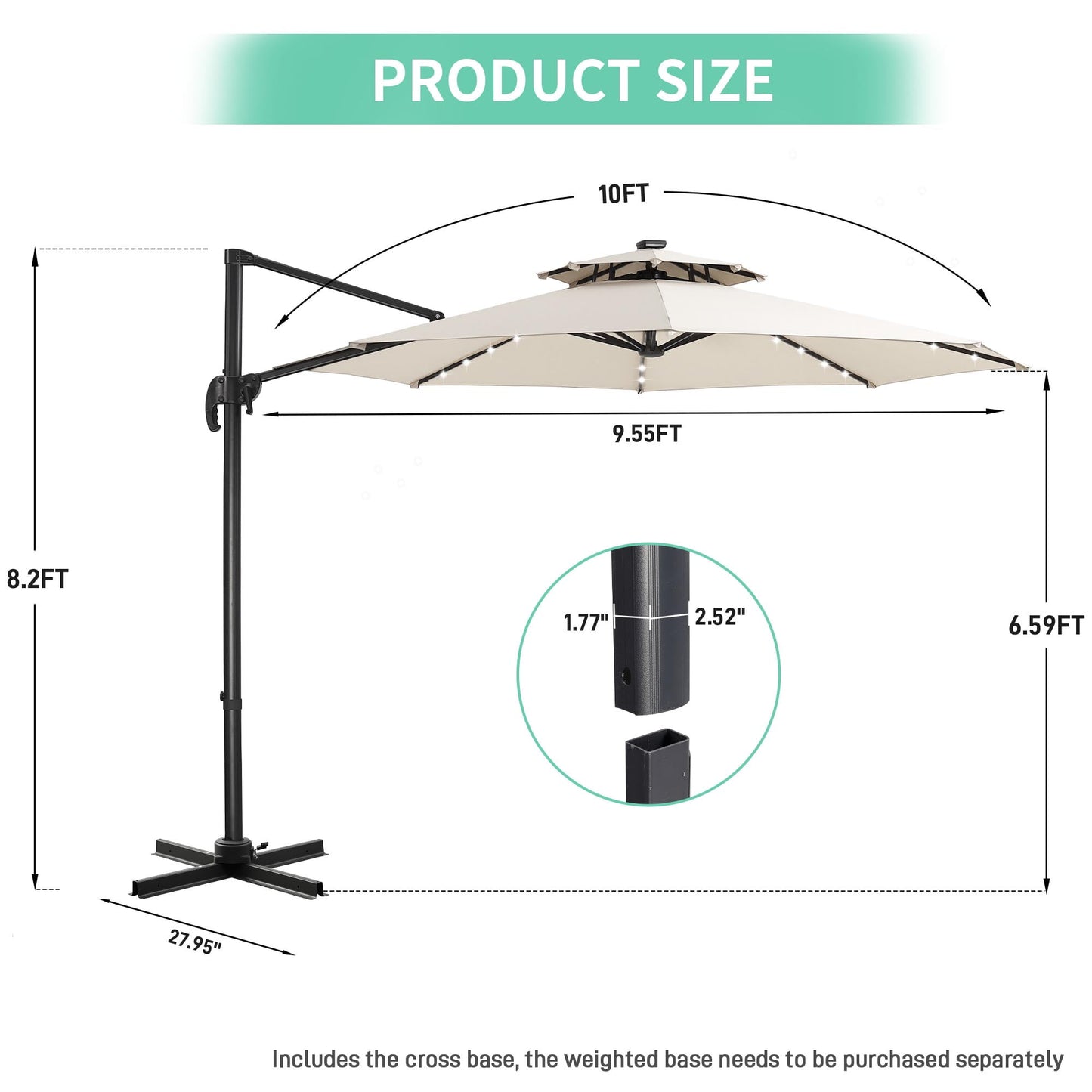 Autlaycil 10 FT Aluminum Offset Outdoor Cantilever Umbrella with 35 Solar Lights, and 360-degree Rotation, 2-Tier Patio Umbrella, White