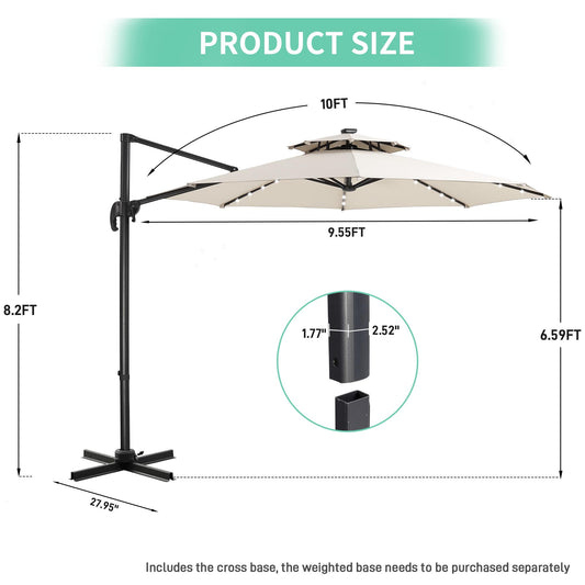 Autlaycil 10 FT Aluminum Offset Outdoor Cantilever Umbrella with 35 Solar Lights, and 360-degree Rotation, 2-Tier Patio Umbrella, White