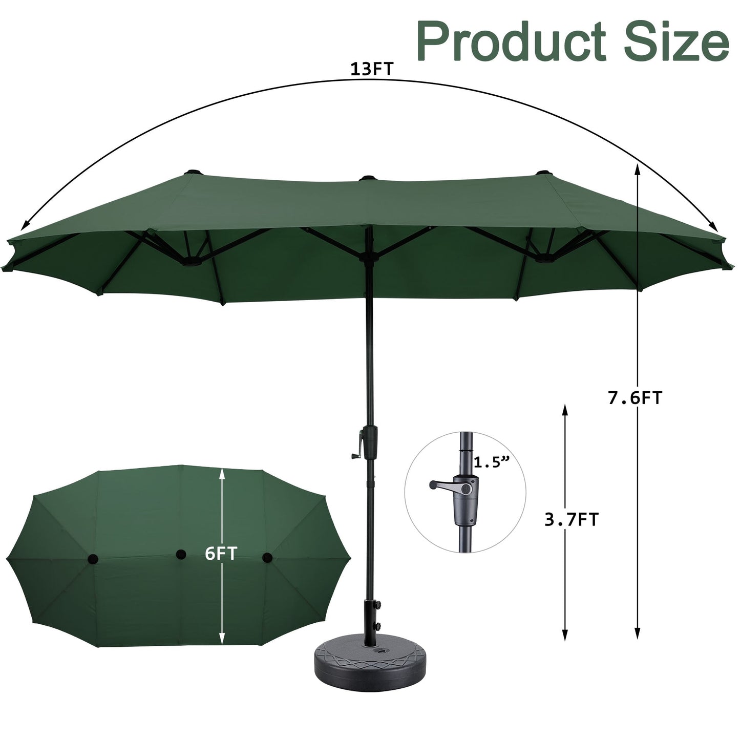 Autlaycil 13 ft Rectangle Patio Umbrella with Crank, Outdoor Market Umbrella with Umbrella Base (Green)