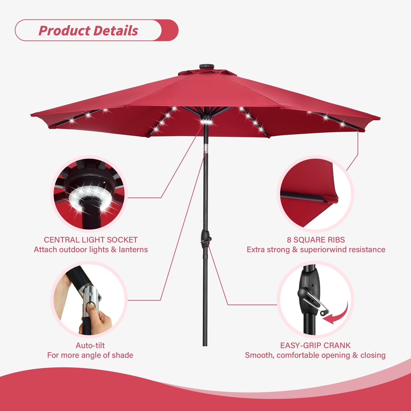 Autlaycil 10 FT Patio Umbrella with Steel Tilt and Crank, 40 Solar LED Lights and 1 Central Light, Red
