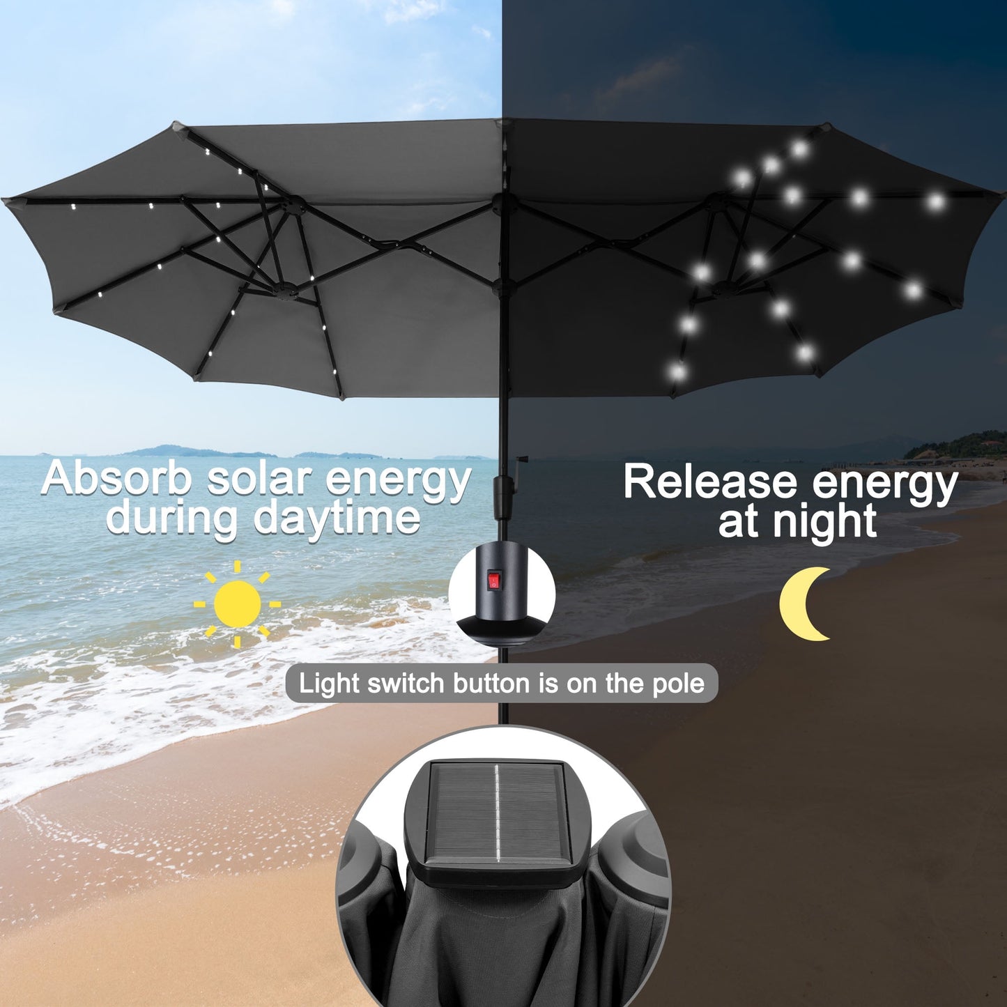 Autlaycil 13 ft Rectangle Patio Umbrella with Umbrella Base 36 LED lights for Market Patio Solar Umbrella (Grey)