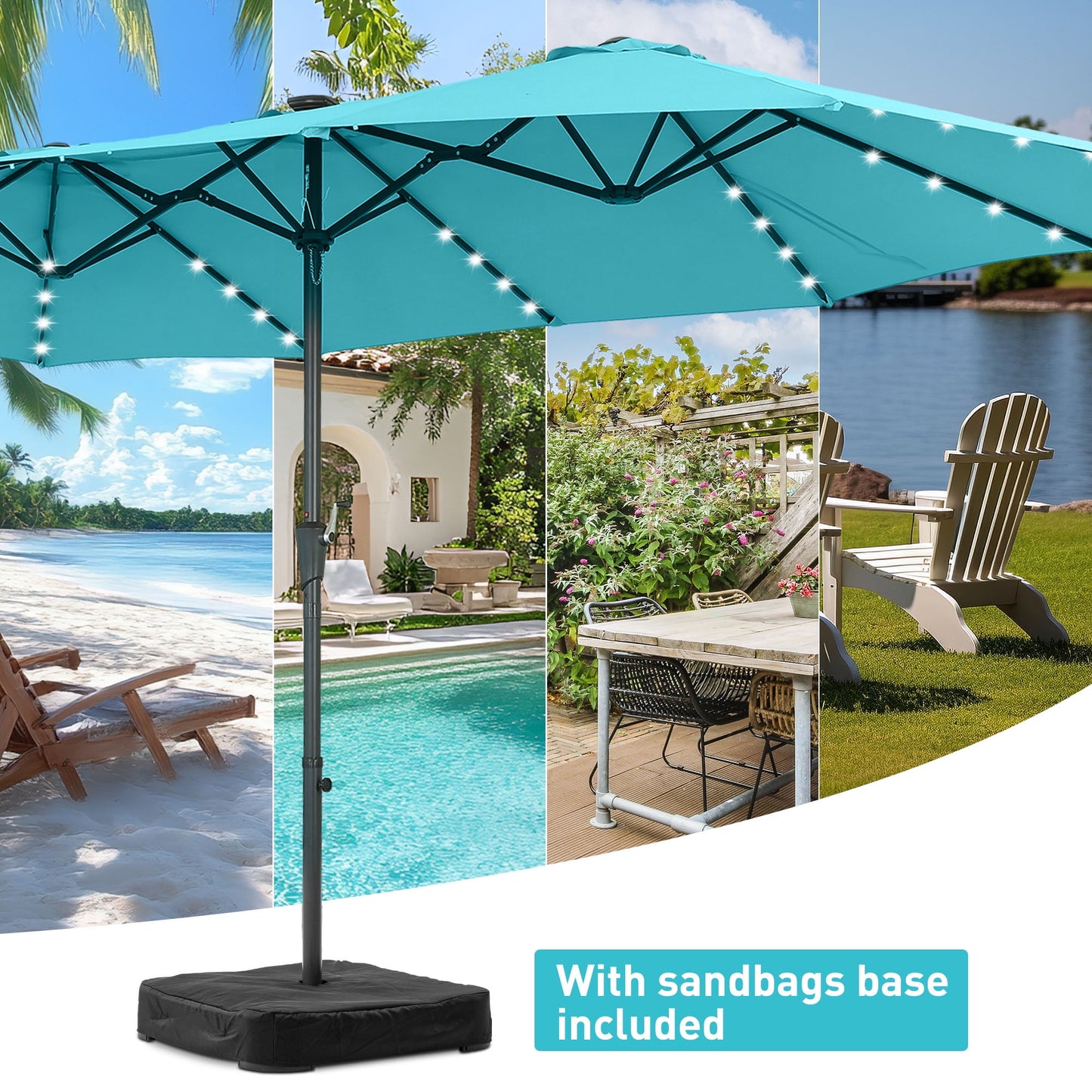 Autlaycil 15ft Large Rectangle Outdoor Patio Umbrella and 48 Solar Lights with Matching Base, Market, Beach, Garden, Yard, Party, Blue