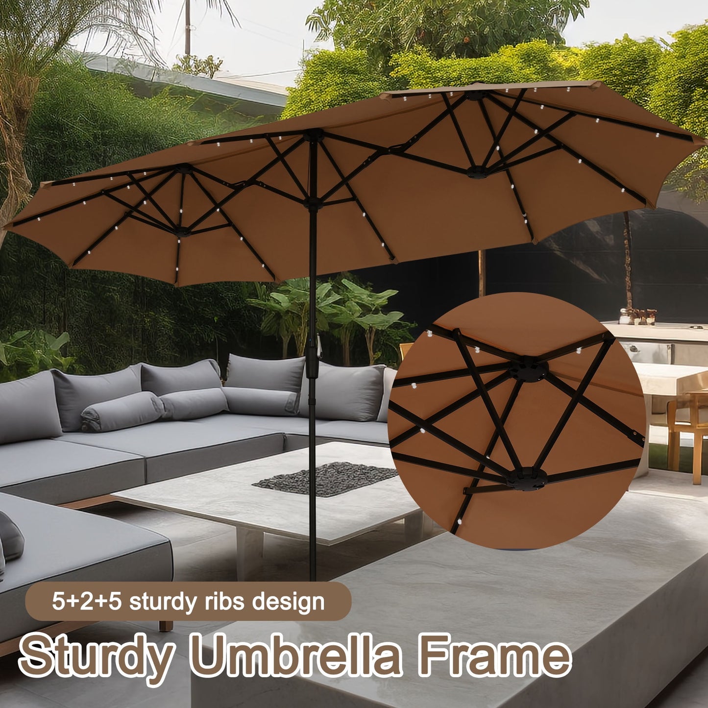 Autlaycil 13 ft Rectangle Patio Umbrella with Umbrella Base 36 LED lights for Market Patio Solar Umbrella (Coffee)