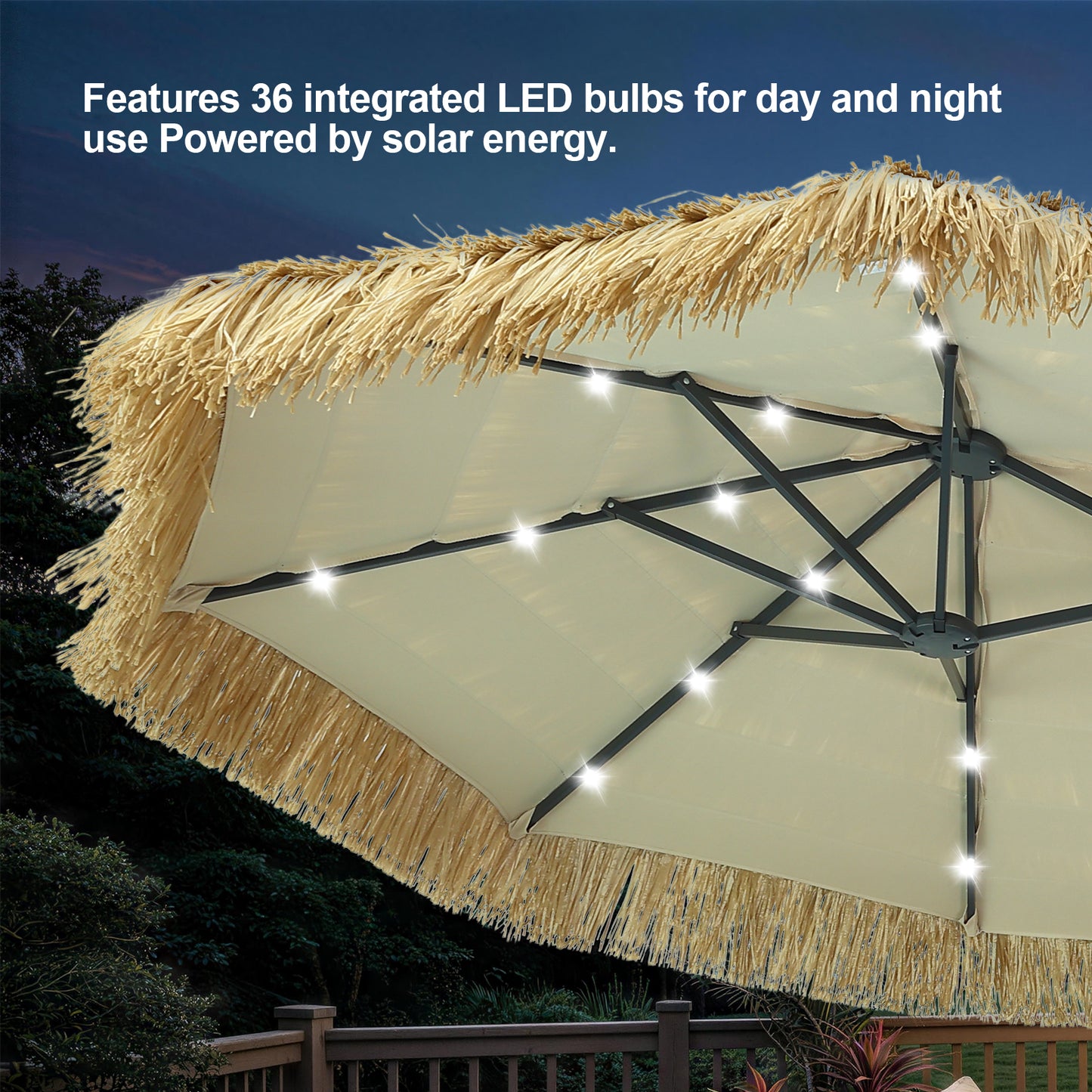 Autlaycil 13 ft Tiki Patio Umbrellas with Base and 36 Lights, Solar Patio Umbrella,Thatched, Grass, Pool, Outdooor, Beach