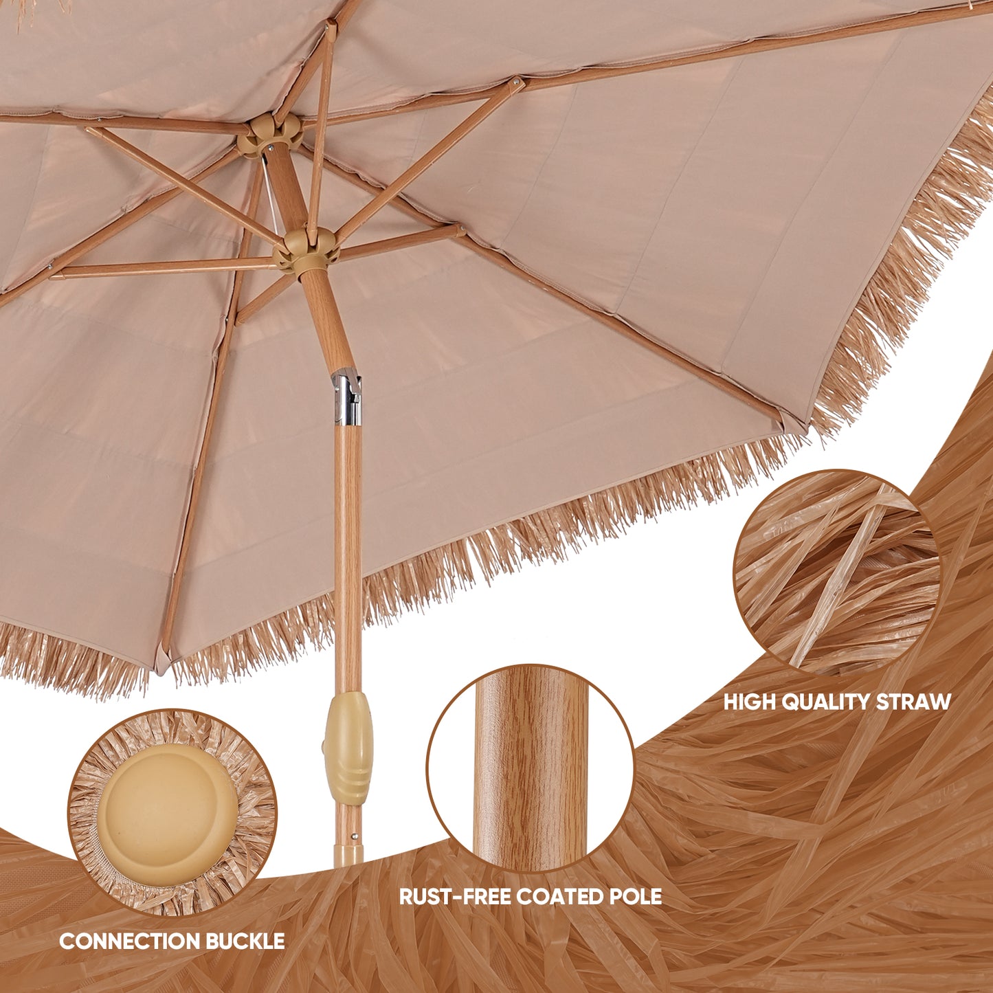 Autlaycil 7.5FT Grass Tiki Patio Umbrella Outdoor Table Umbrella with Push Button Tilt and Crank