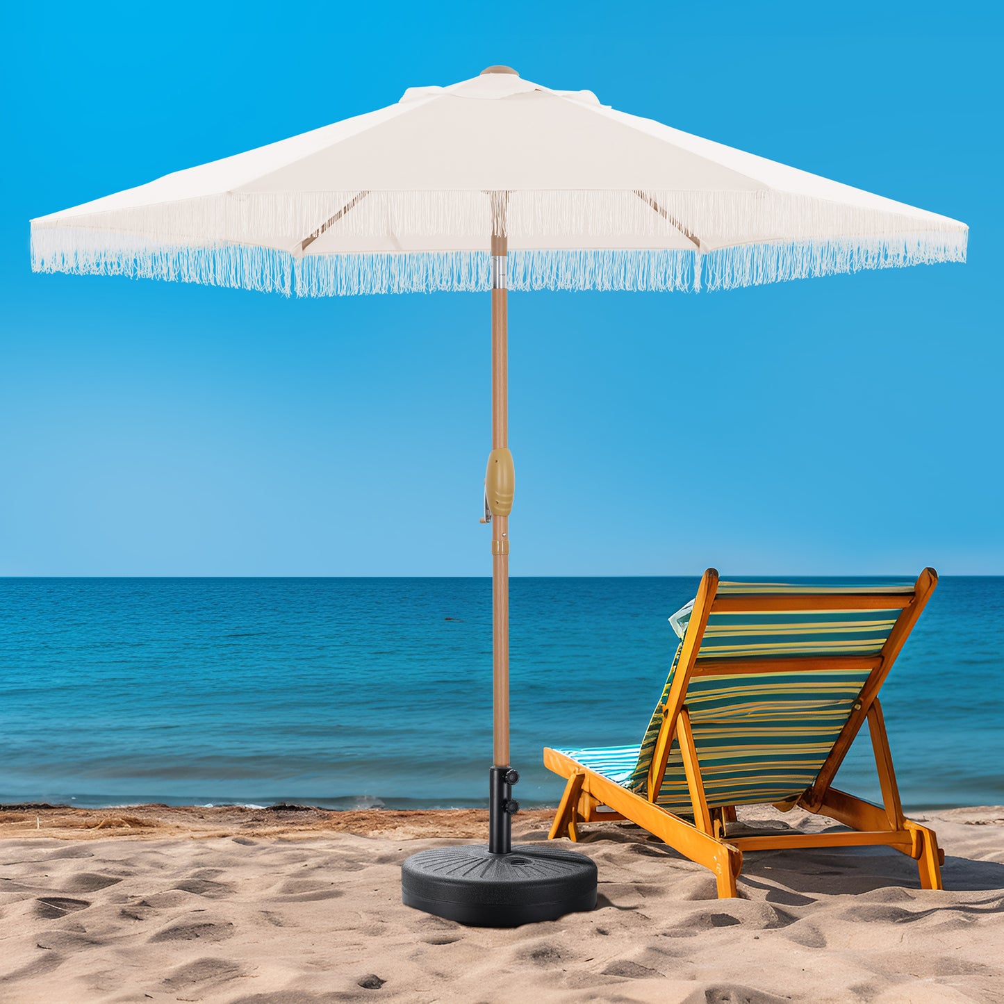 Autlaycil 7.5 ft Tassel Patio Umbrella with Umbrella Base, Fringe Stylish Beach, Pool, Adjustable Outdoor Market Umbrellas (Beige)