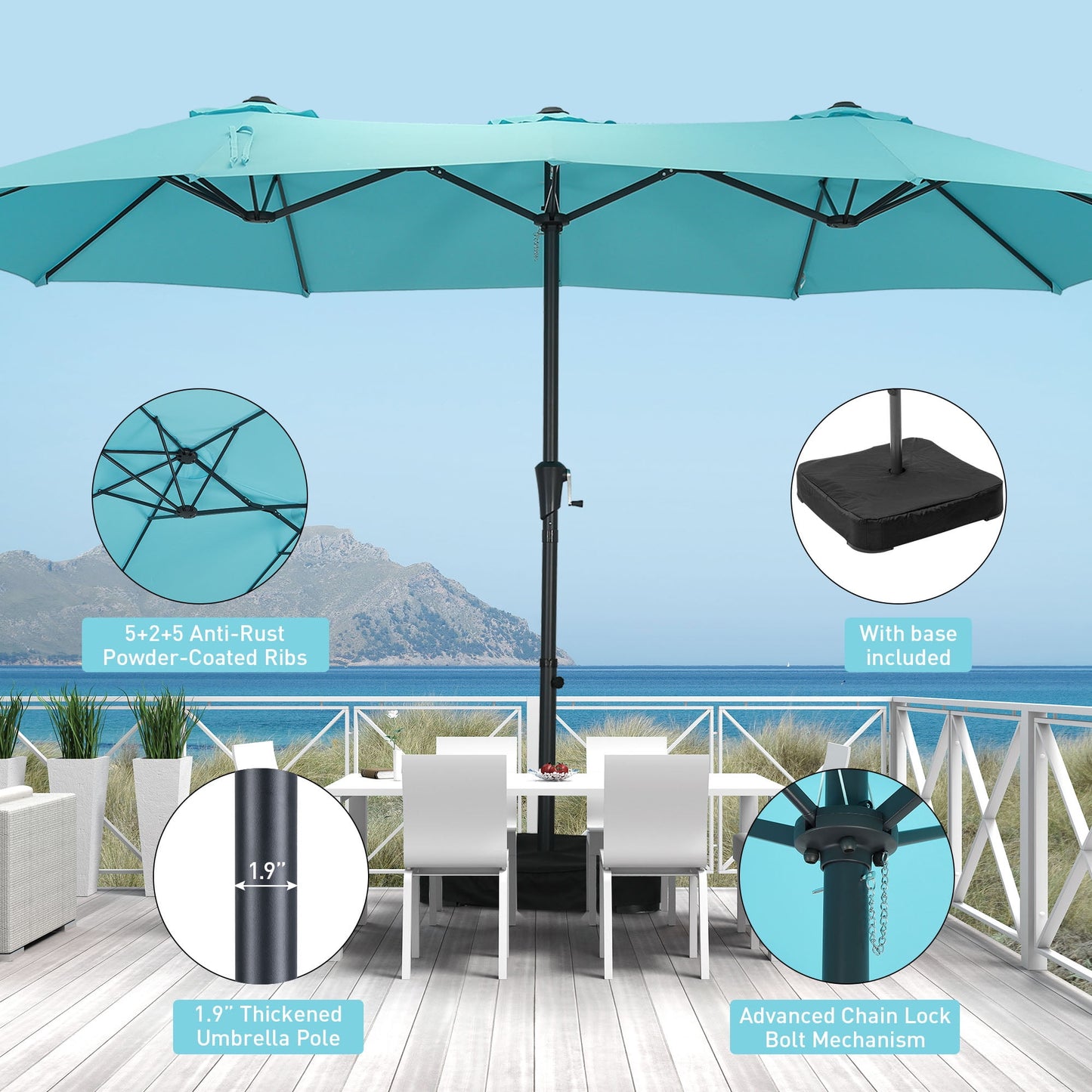 Autlaycil 15 ft Rectangle Patio Umbrella with Umbrella Base, Crank, Outdoor Market Umbrella (Blue)