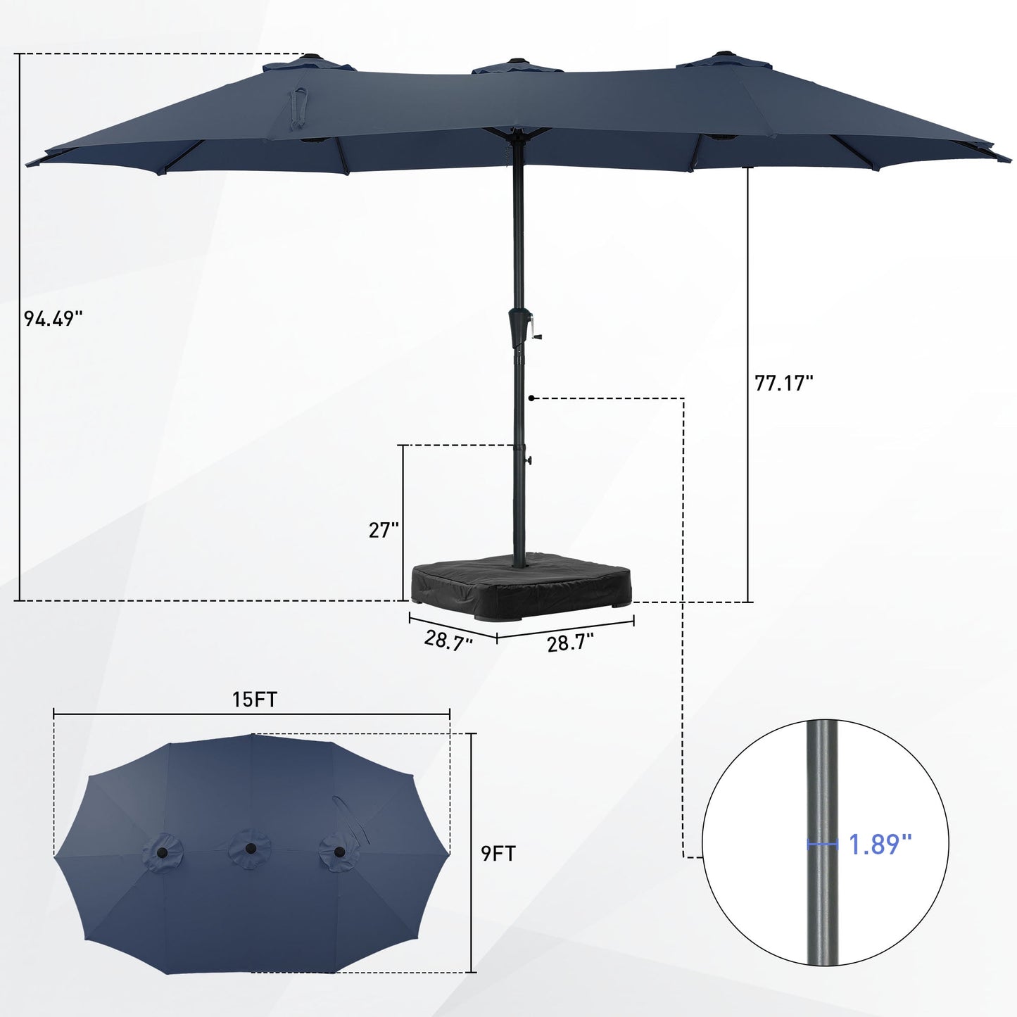 Autlaycil 15 ft Rectangle Patio Umbrella with Umbrella Base, Crank, Outdoor Market Umbrella (Navy Blue)