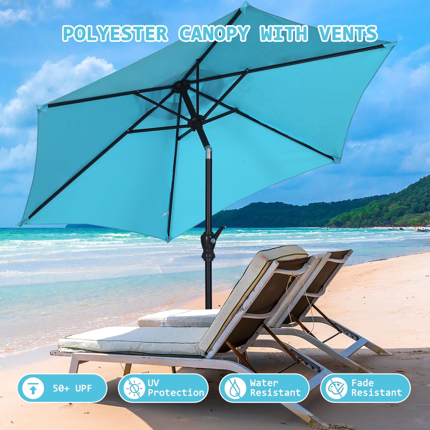 Autlaycil 7.5 ft Blue Patio Umbrella and Decorated Base, with Push Button Tilt and Crank for Beach, Pool, Outdoor