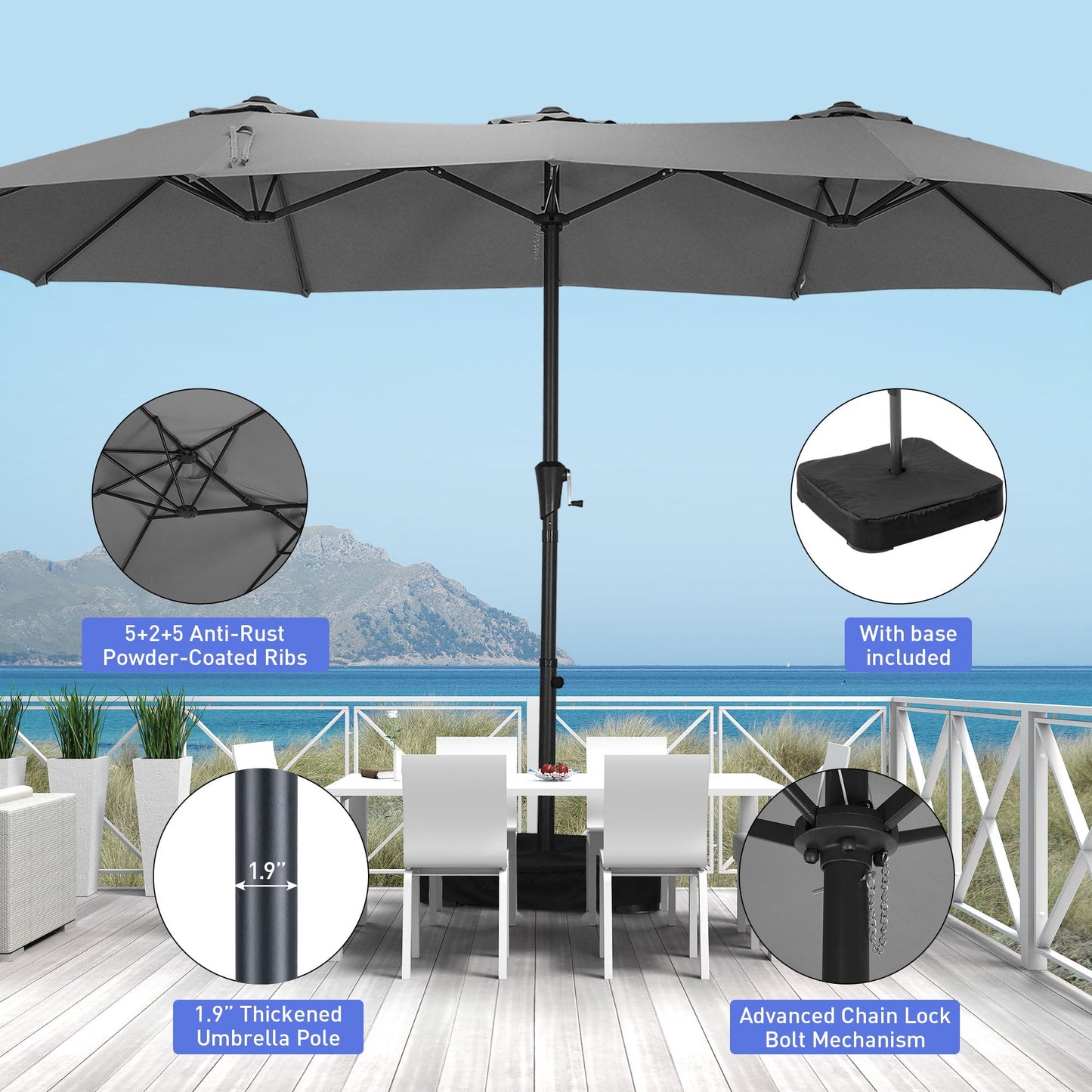 Autlaycil 15 ft Rectangle Patio Umbrella with Umbrella Base, Crank, Outdoor Market Umbrella (Grey)