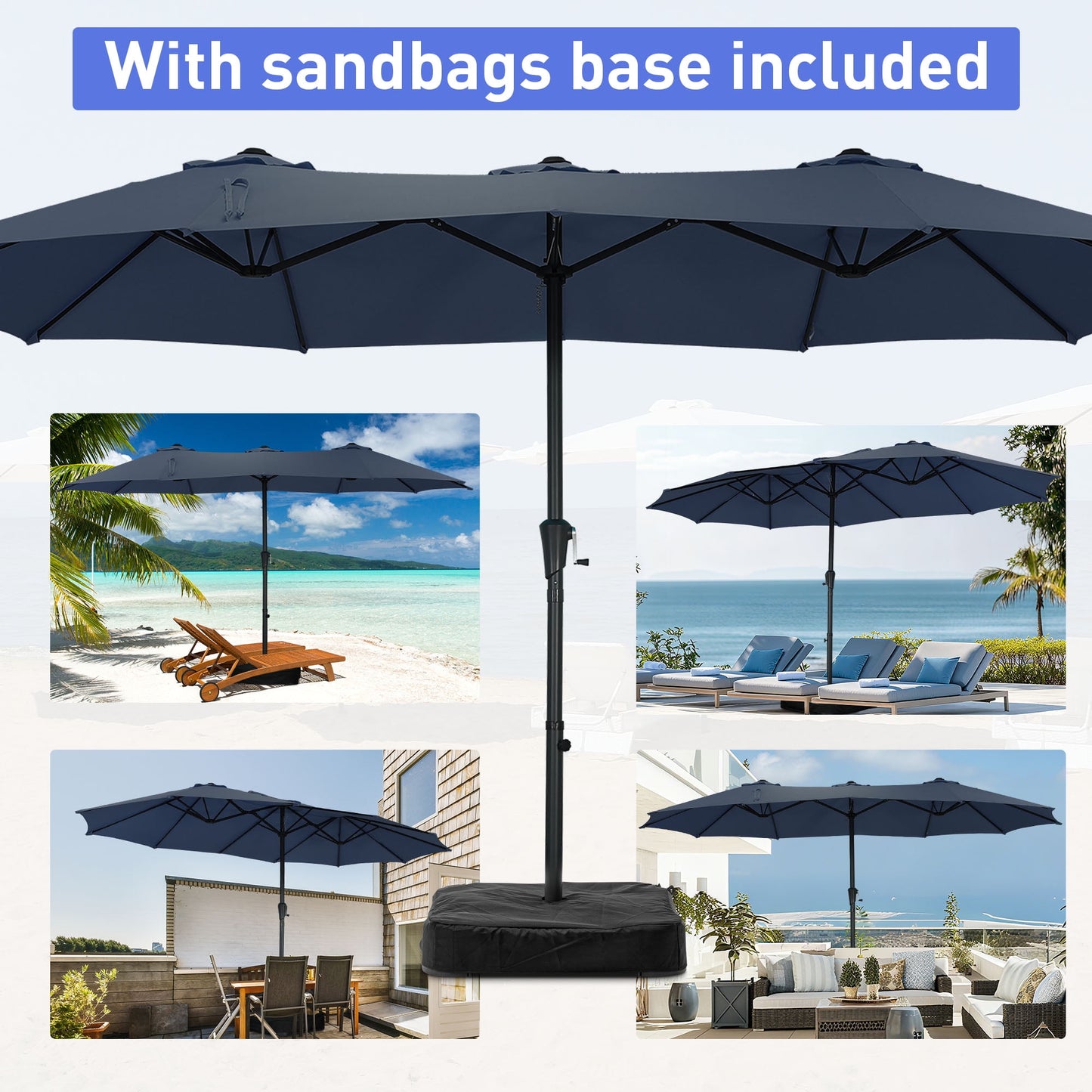 Autlaycil 15 ft Rectangle Patio Umbrella with Umbrella Base, Crank, Outdoor Market Umbrella (Navy Blue)