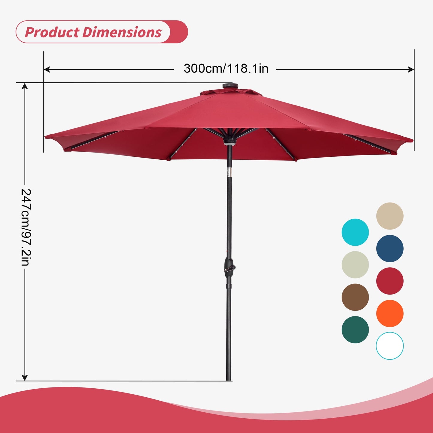 Autlaycil 10 FT Patio Umbrella with Steel Tilt and Crank, 40 Solar LED Lights and 1 Central Light, Red