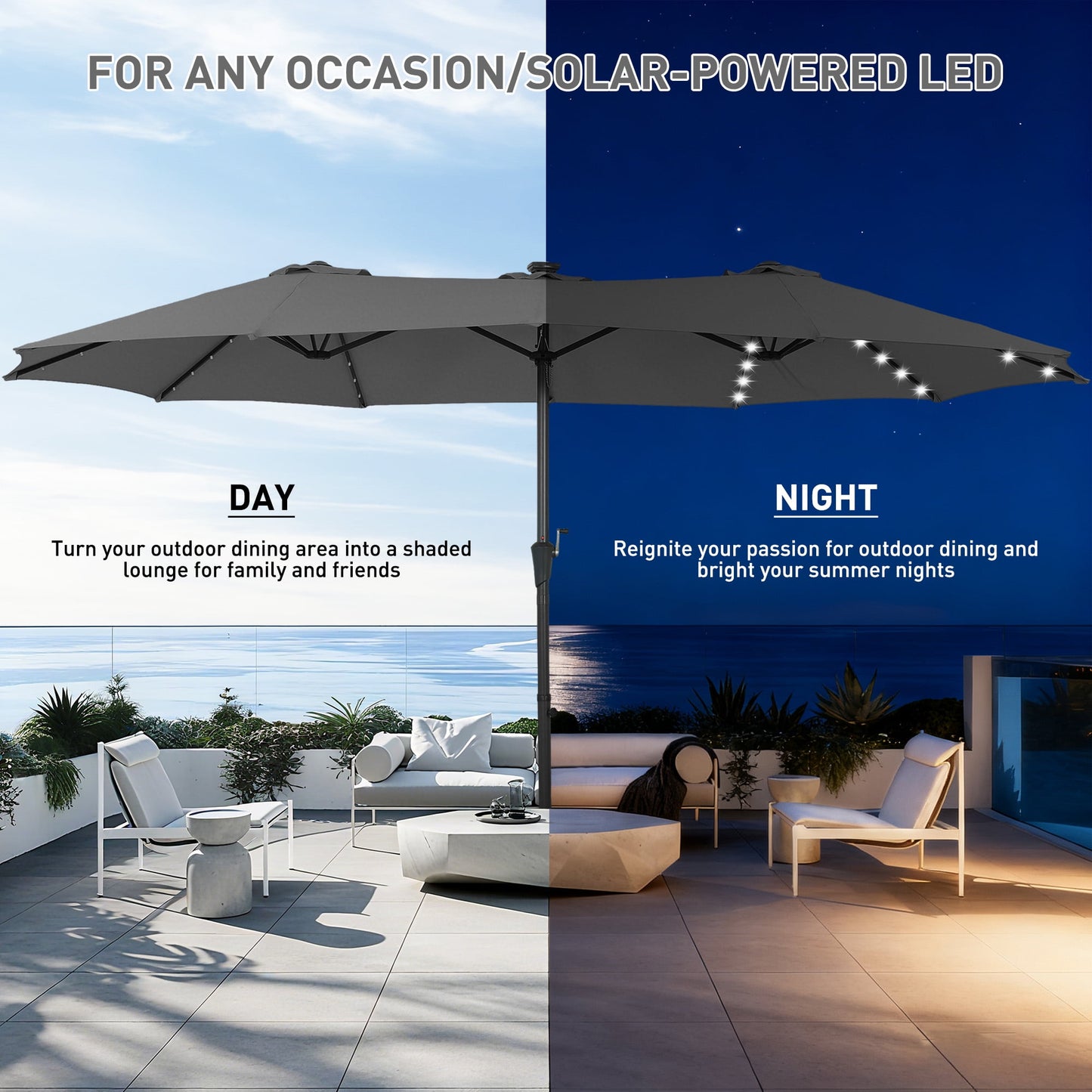 Autlaycil 15ft Large Rectangle Outdoor Patio Umbrella and 48 Solar Lights with Matching Base, Market, Beach, Garden, Yard, Party, Grey