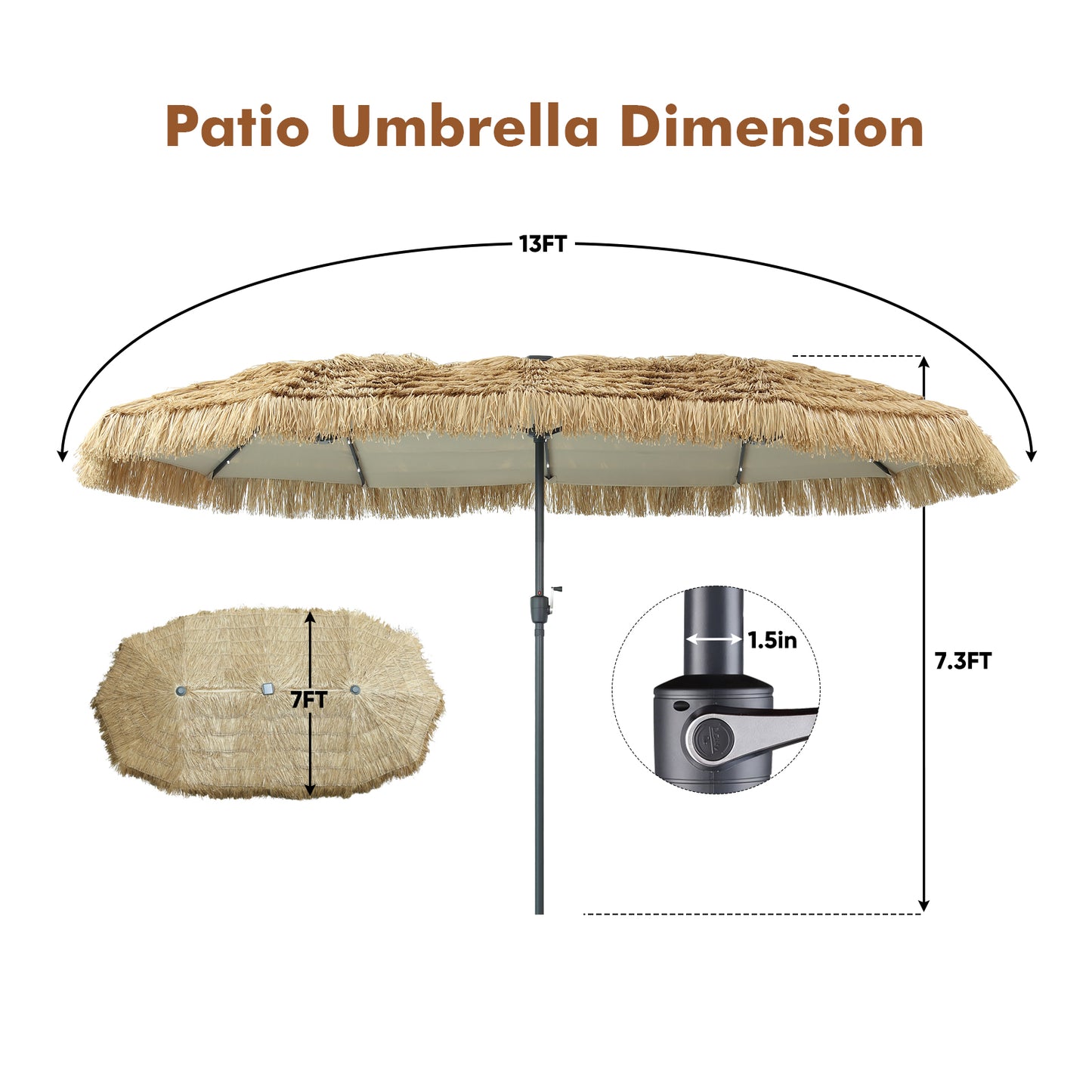 Autlaycil 13 ft Tiki Patio Umbrellas with Base and 36 Lights, Solar Patio Umbrella,Thatched, Grass, Pool, Outdooor, Beach