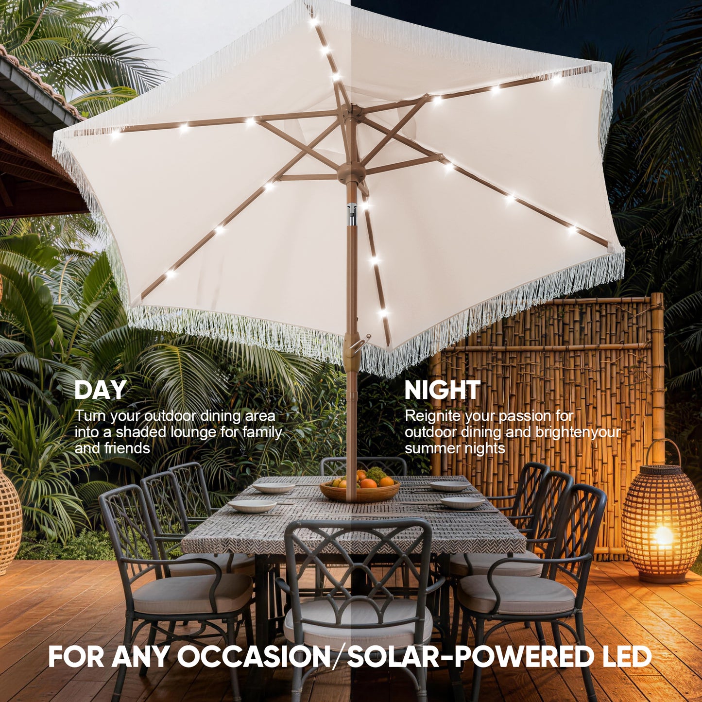 Autlaycil 7.5 ft Patio Umbrella with Tassel Fringe Stylish and 18 LED Lights Solar Umbrella - Beige
