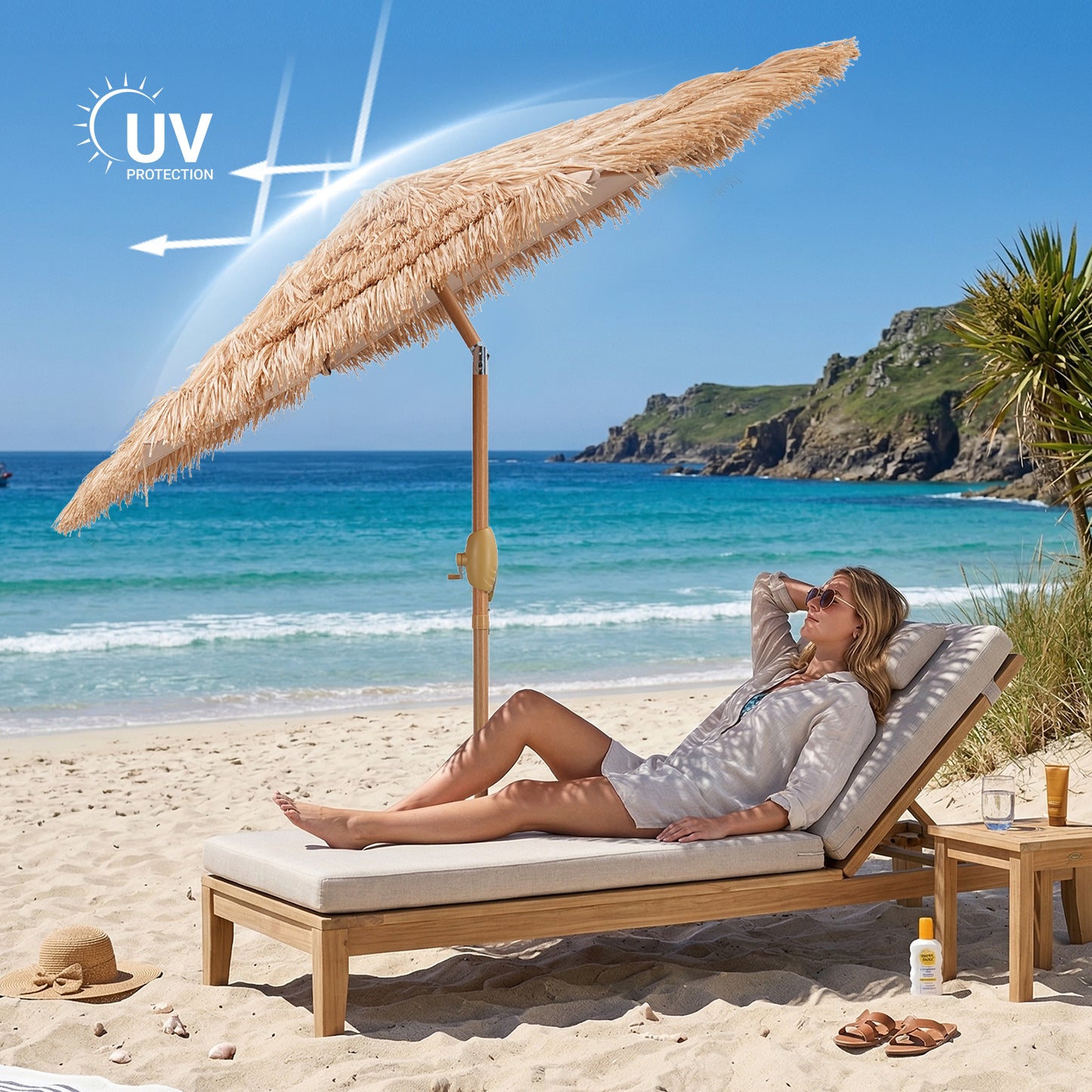 Autlaycil 7.5FT Grass Tiki Patio Umbrella Outdoor Table Umbrella with Push Button Tilt and Crank