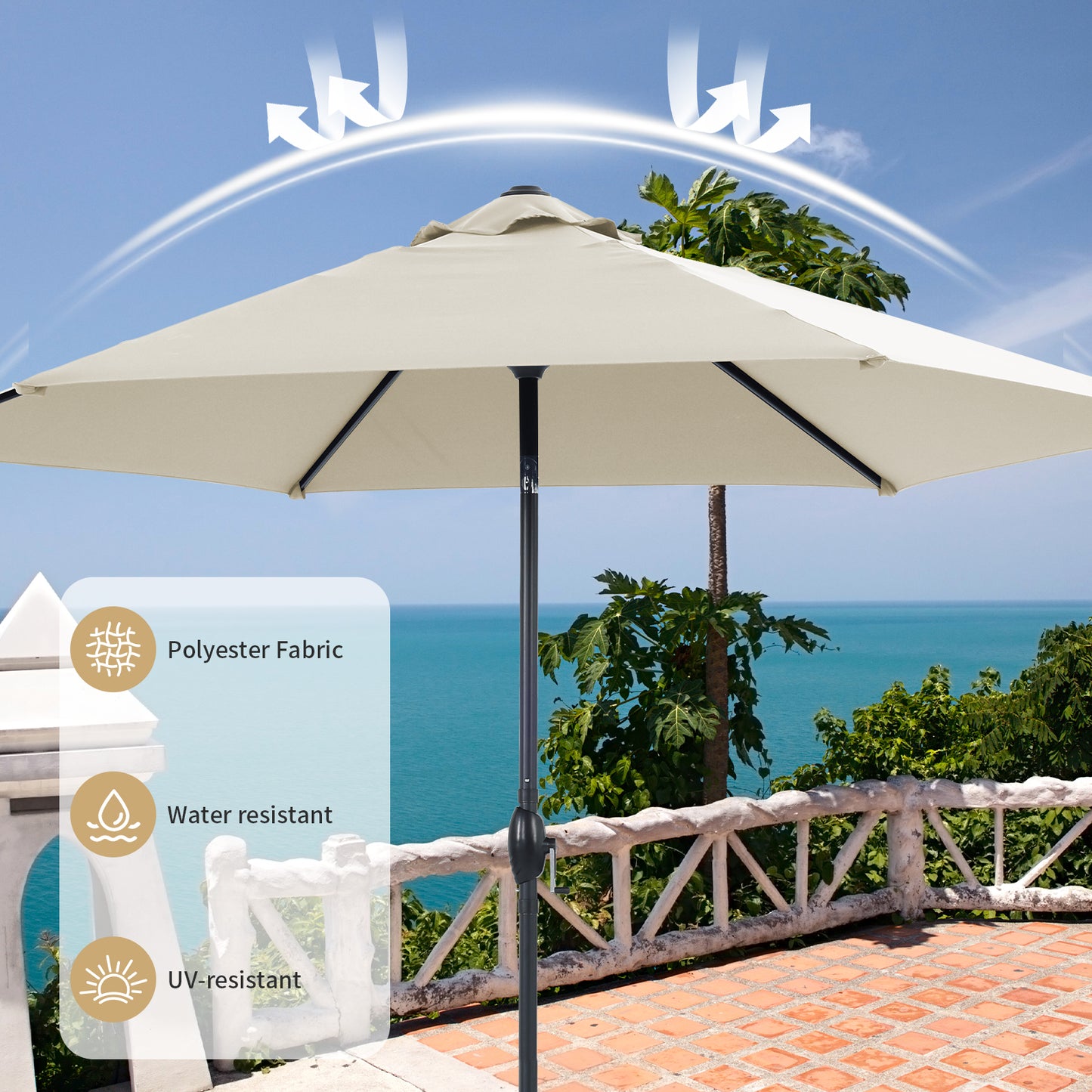 Autlaycil 10ft Beige Patio Umbrella with 3-Tier Windproof Stable Frame, Spider-arm Structure for Pool, Yard, Garden, Deck, Outdoor