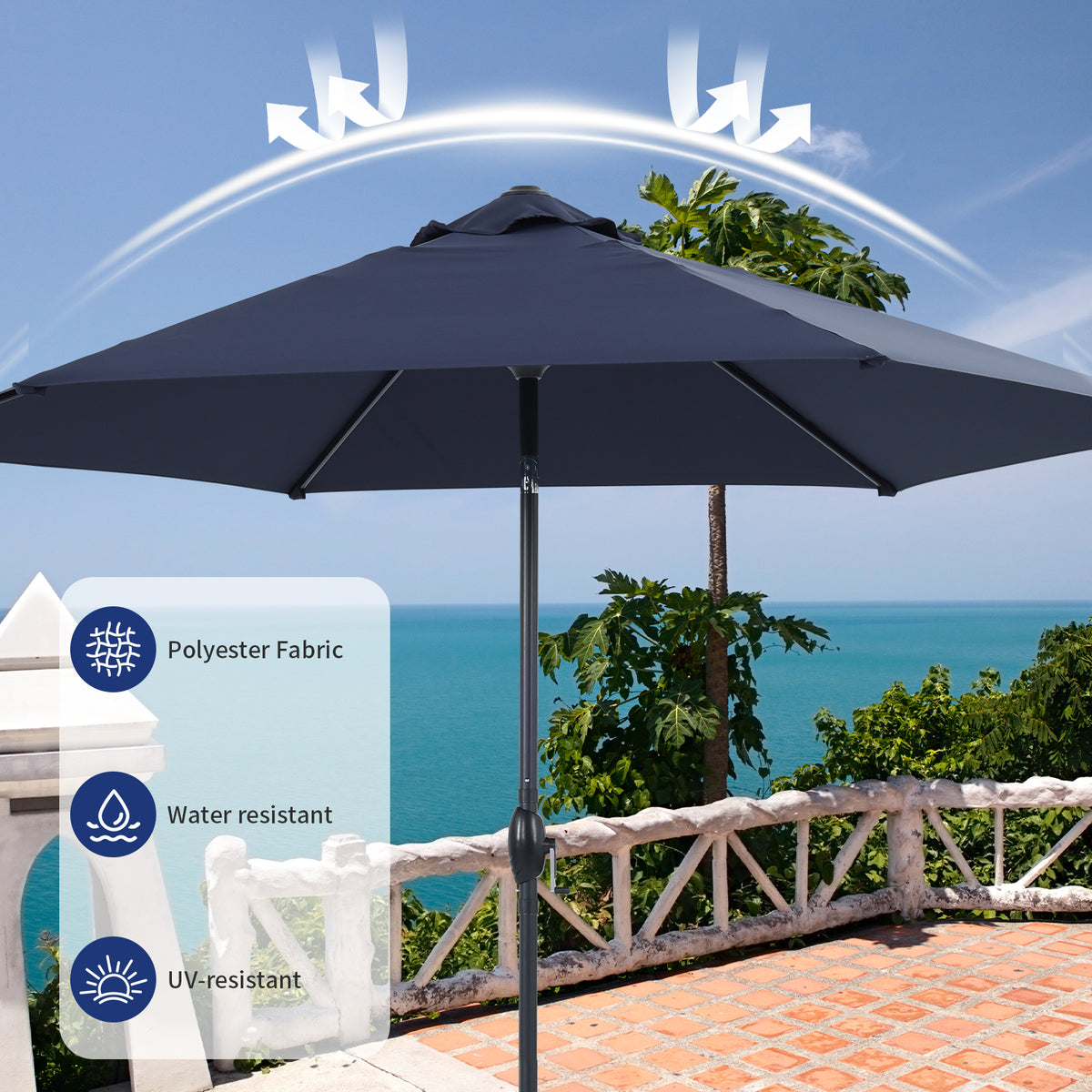 Autlaycil 10ft Navy Blue Patio Umbrella with Stand, 3-Tier Windproof Stable Frame, Spider-arm Structure, 95 lbs Sand Filled 67 lbs Water Filled Outdoor Base
